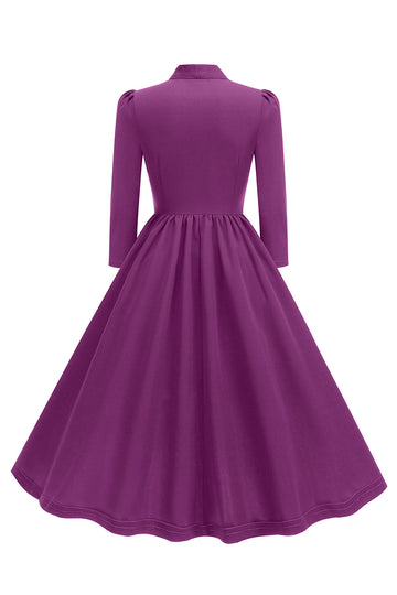 Roxo plissado laço gravata 1950 vestido com mangas compridas